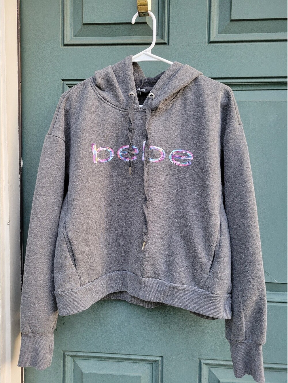 Bebe Sports Women's L Gray Rhinestone Logo Pullover Hoodie Sweatshirt